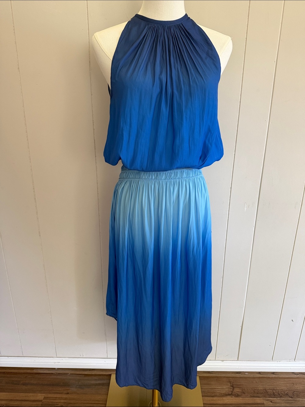 Ramy Brook New York Blue Ombre Pleated Midi Dress Halter Handkerchief Hem XS - Picture 4 of 16